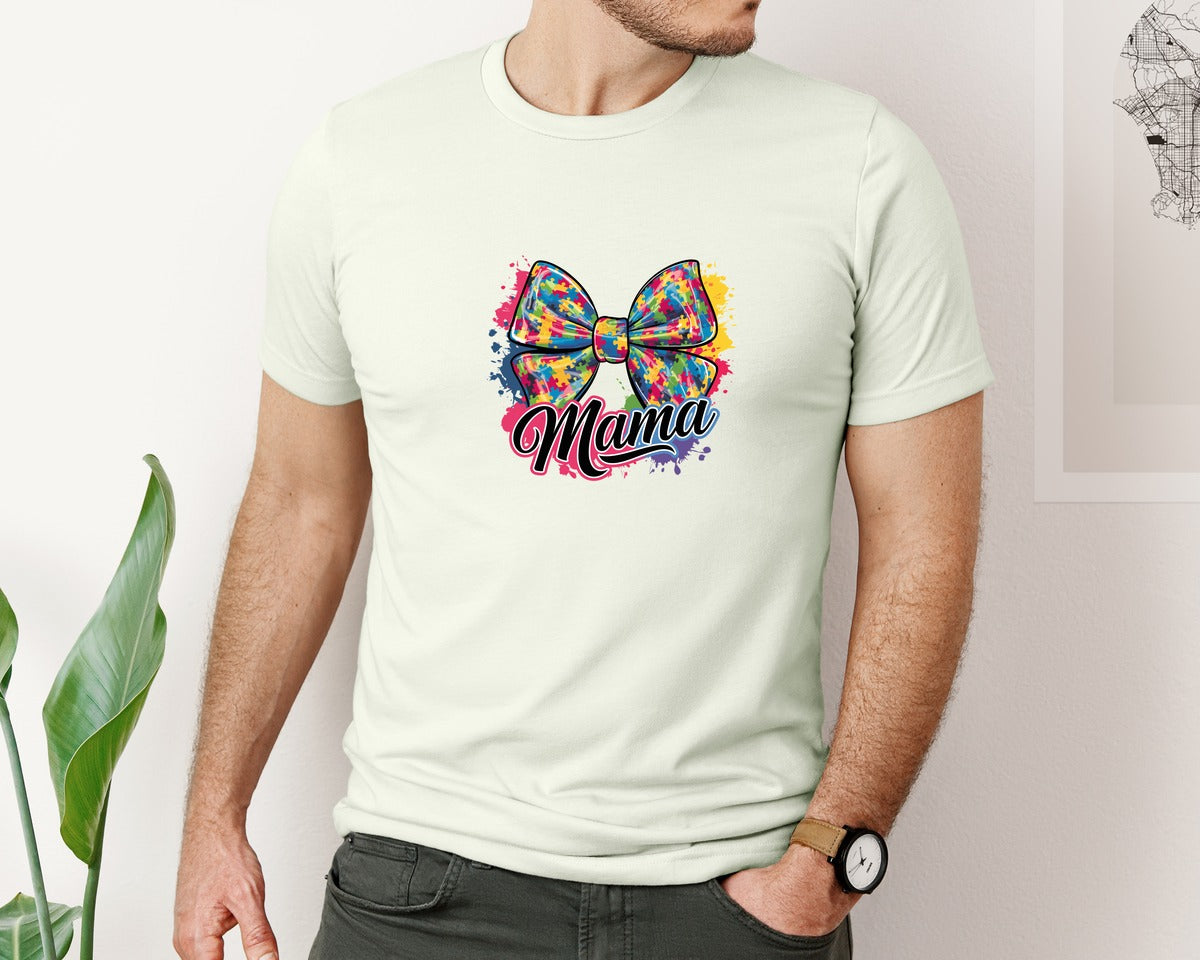 brand:Bella Canvas|color:Citron|Autism Mama Colorful Puzzle Bow Art Graphic T-Shirt