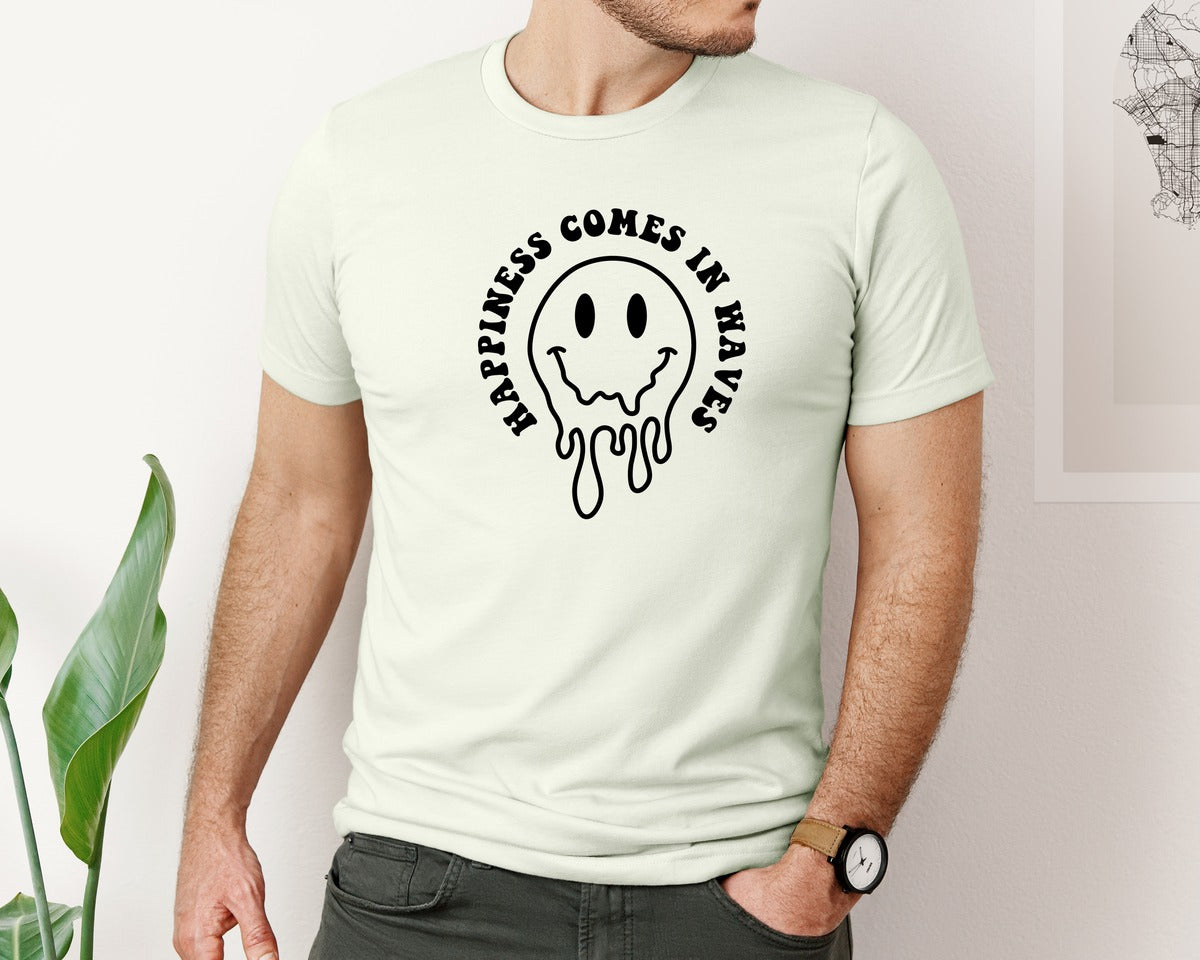 brand:Bella Canvas|color:Citron|Happiness Comes In Waves Wavy Graphic T-Shirt