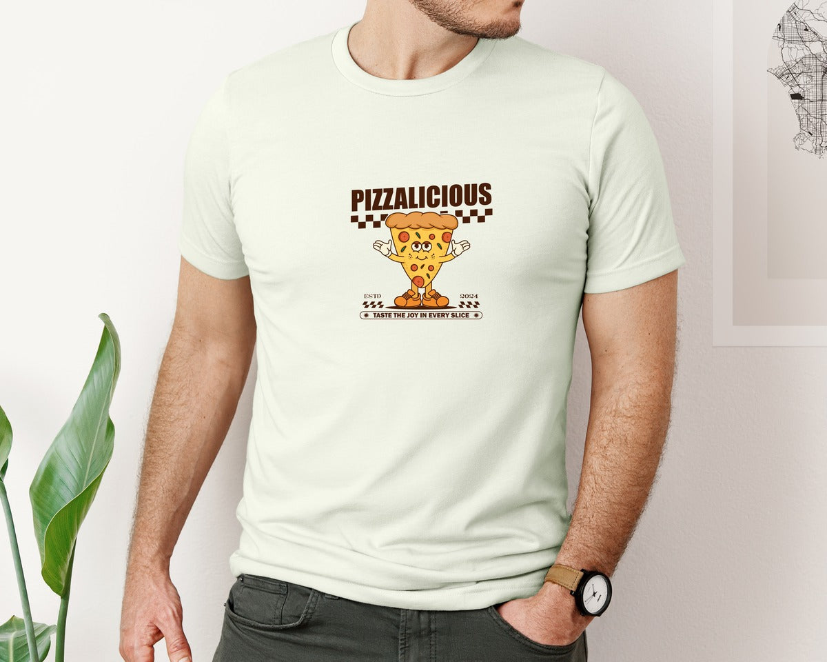 brand:Bella Canvas|color:Citron|Vintage Slice Pizza Cartoon Character Graphic T-Shirt
