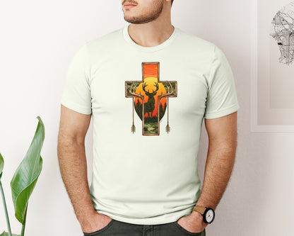 brand:Bella Canvas|color:Citron|Deer Cross Rustic Hunting Cross Sub Graphic T-Shirt