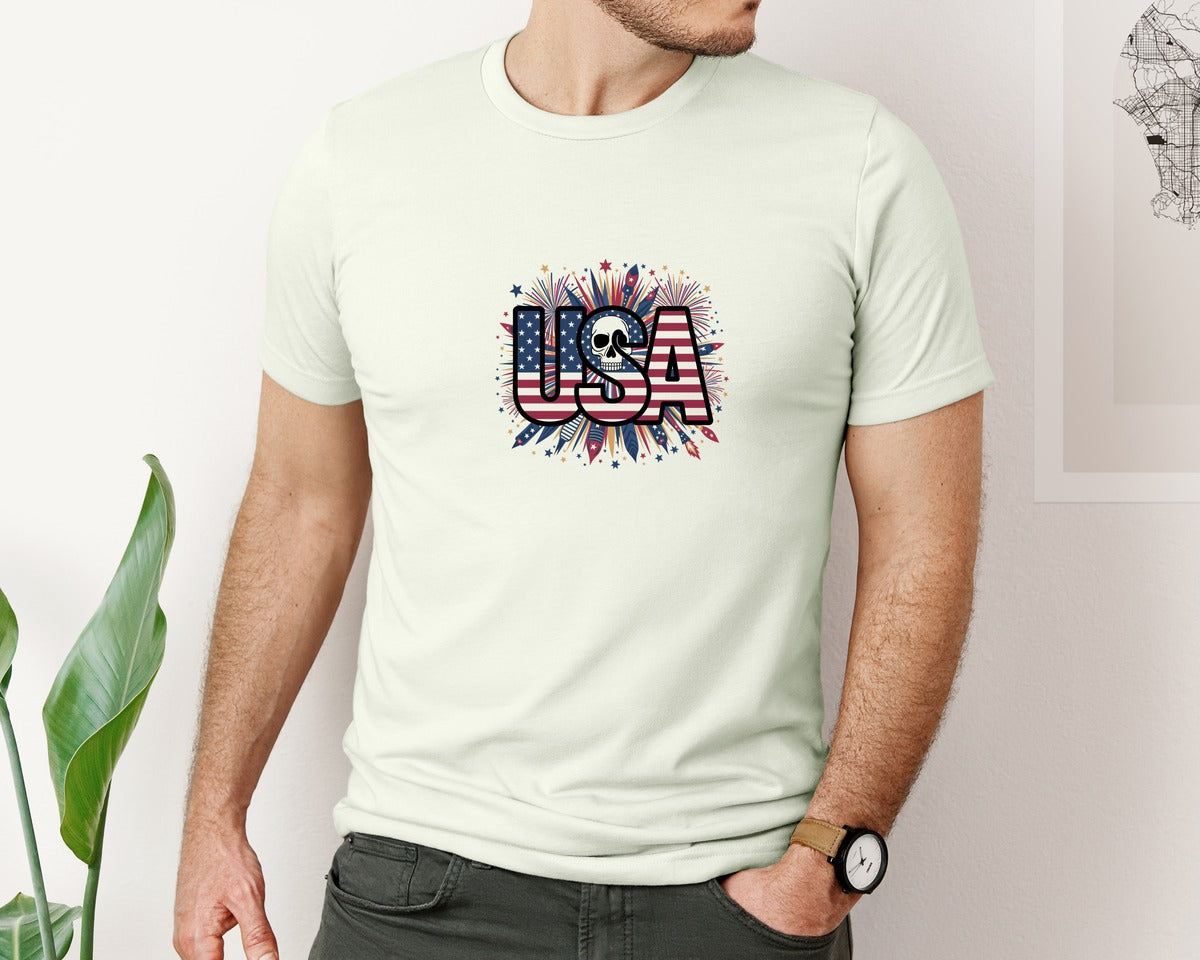 brand:Bella Canvas|color:Citron|Usa Skull Fireworks 4Th Of July T Shirt 2 Graphic T-Shirt