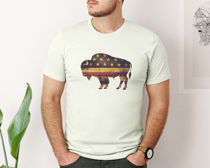 brand:Bella Canvas|color:Citron|American Bison Patriotic Usa Flag 4 Graphic T-Shirt