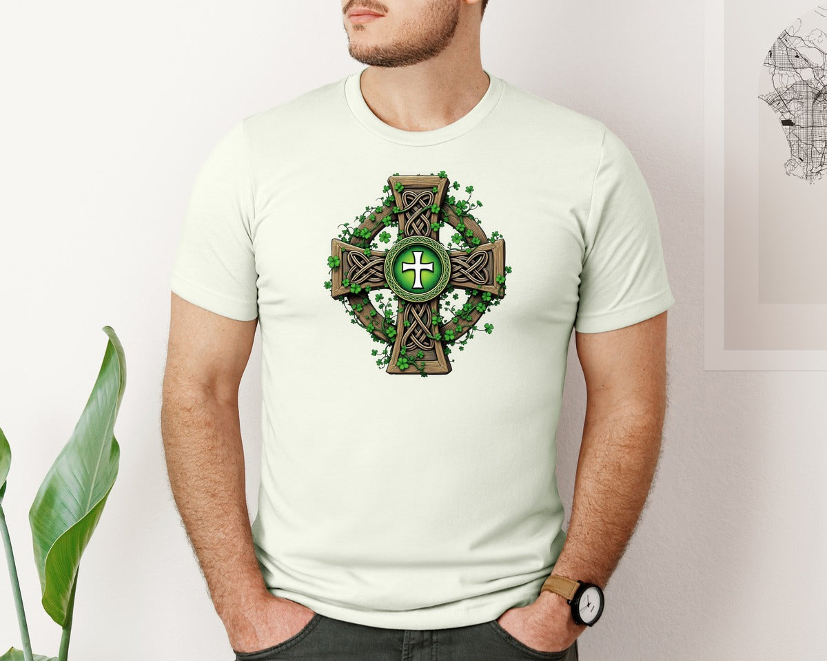 brand:Bella Canvas|color:Citron|Celtic Cross With Shamrocks Irish Graphic T-Shirt