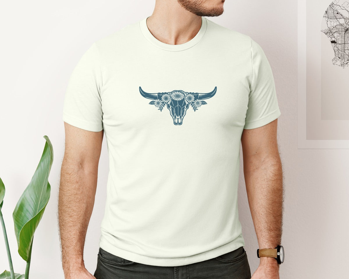 brand:Bella Canvas|color:Citron|Western Bull Skull Longhorn Boho Flowers 4 Graphic T-Shirt
