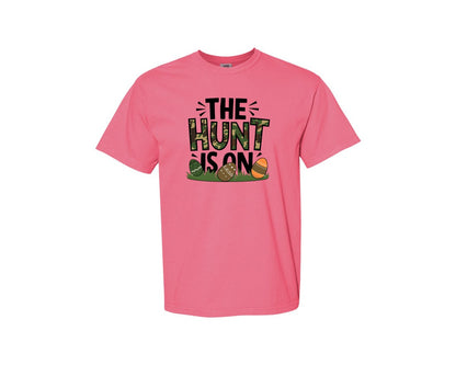 brand:Comfort Colors|color:Crunchberry|The Hunt Is On Camo Easter Egg Camo Graphic T-Shirt