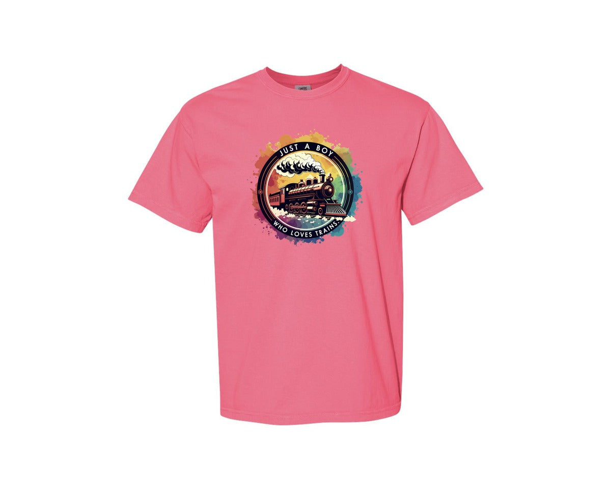 brand:Comfort Colors|color:Crunchberry|Just A Boy Who Loves Trains Graphic T-Shirt