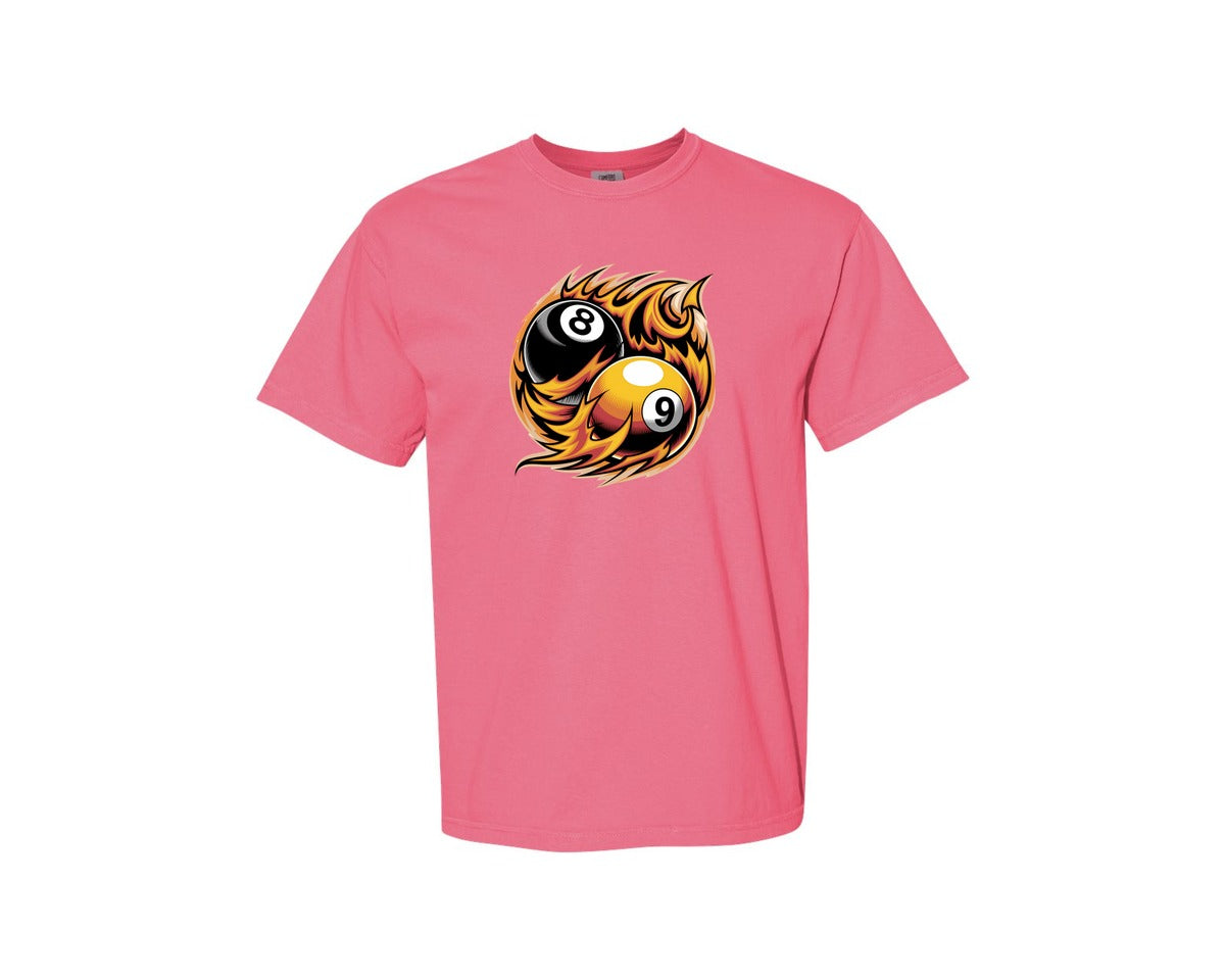 brand:Comfort Colors|color:Crunchberry|Flaming 8 9 Ball Billiards Graphic T-Shirt