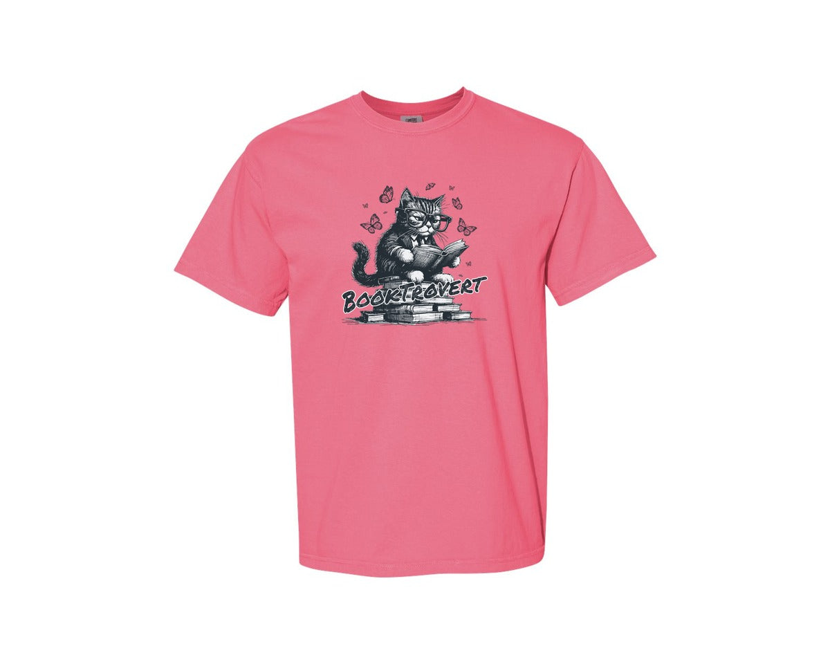 brand:Comfort Colors|color:Crunchberry|Book Trovert Reading Cat Shirt Graphic T-Shirt
