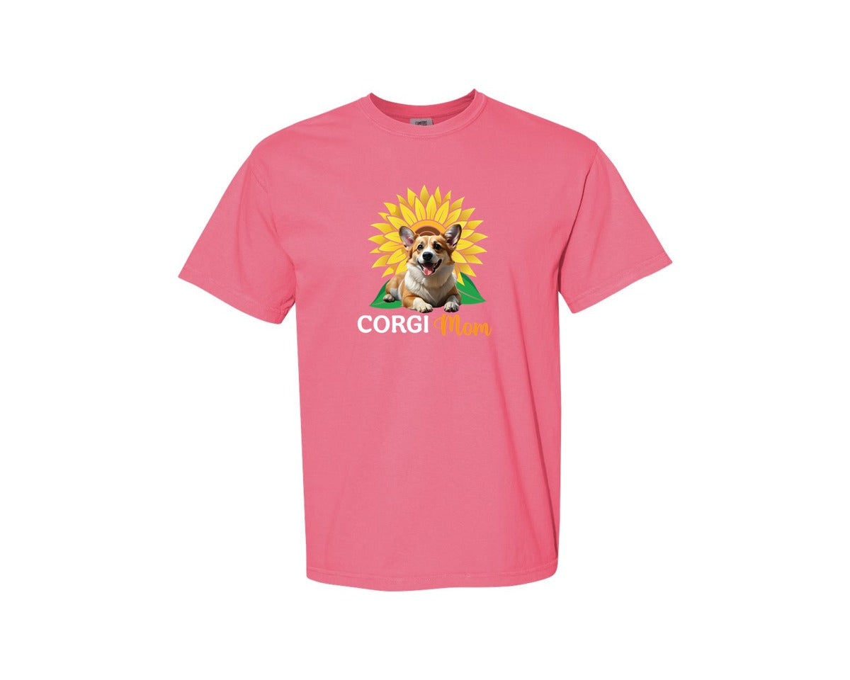 brand:Comfort Colors|color:Crunchberry|Corgi Mom Sunflower Graphic T-Shirt