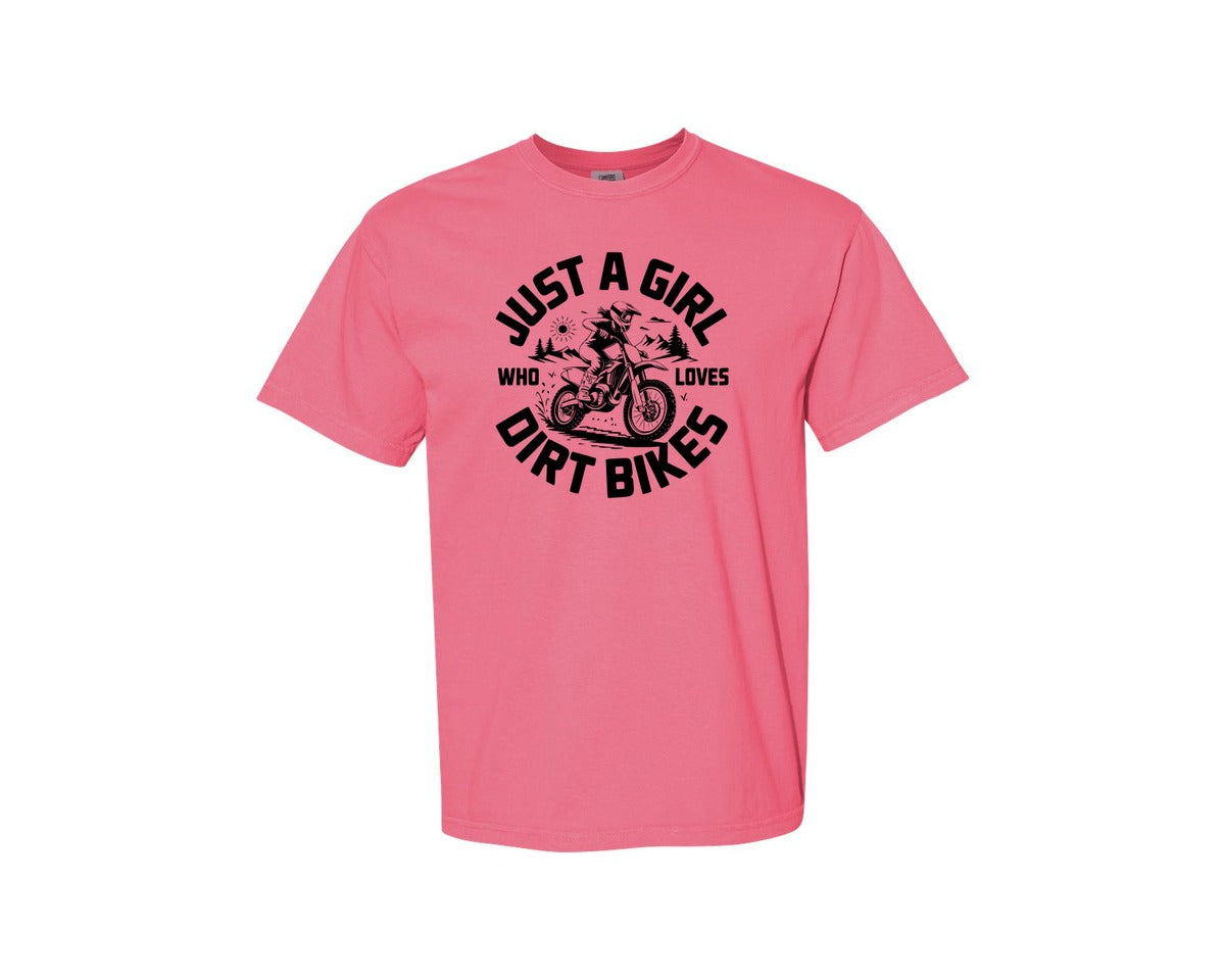 brand:Comfort Colors|color:Crunchberry|Just A Girl Who Loves Dirt Bikes T S Graphic T-Shirt