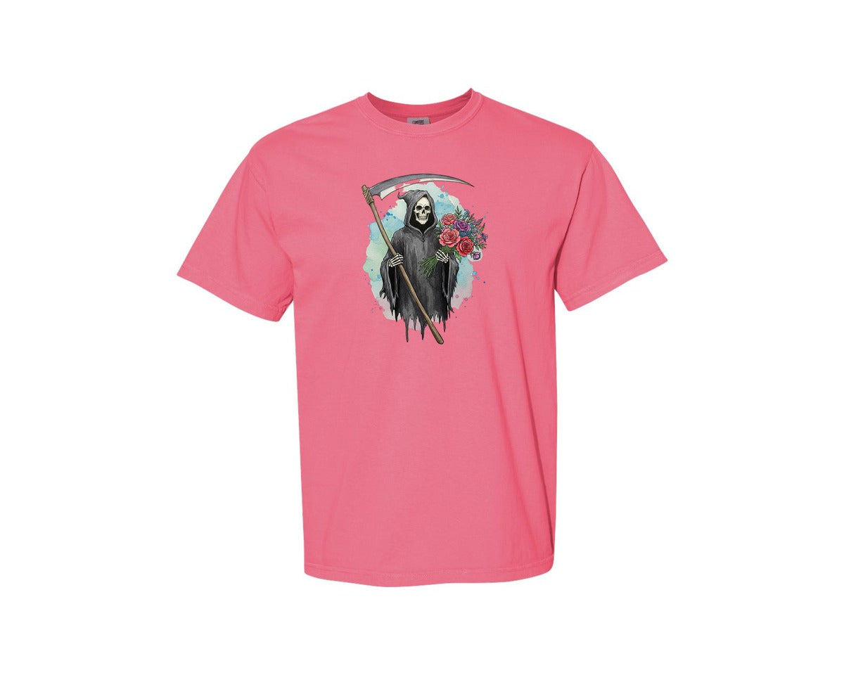 brand:Comfort Colors|color:Crunchberry|Grim Reaper With Flowers Gothic Graphic T-Shirt