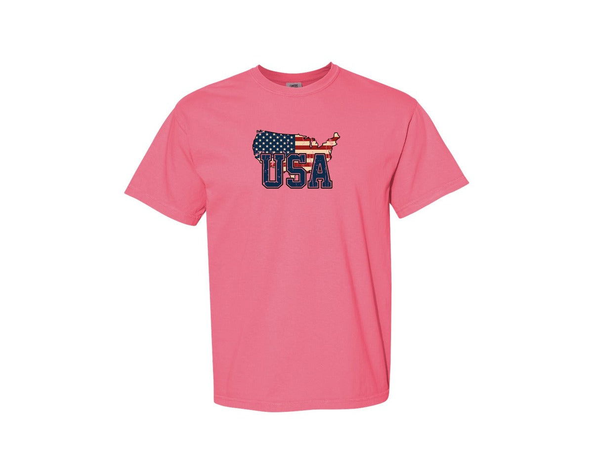 brand:Comfort Colors|color:Crunchberry|America Usa Map 4Th Of July Patriotic Graphic T-Shirt