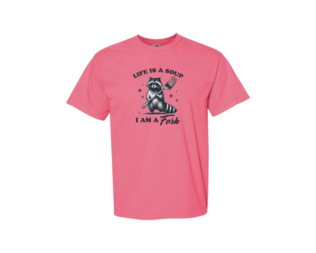 brand:Comfort Colors|color:Crunchberry|Life Is A Soup I Am A Fork Raccoon Shirt Graphic T-Shirt