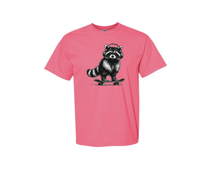 brand:Comfort Colors|color:Crunchberry|Raccoon Playing Skateboard Shirt Graphic T-Shirt