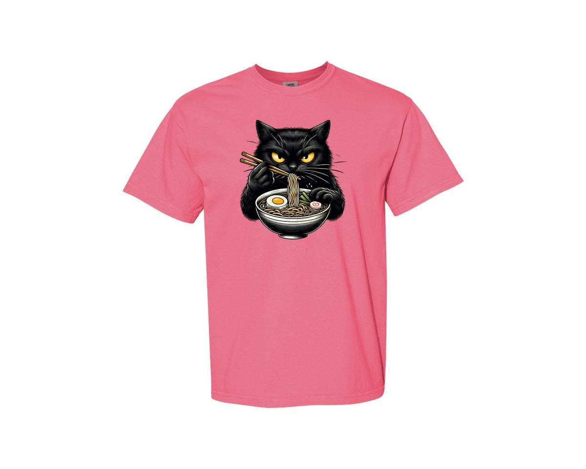 brand:Comfort Colors|color:Crunchberry|Cute Black Cat Eating Ramen Noodle 3 Graphic T-Shirt