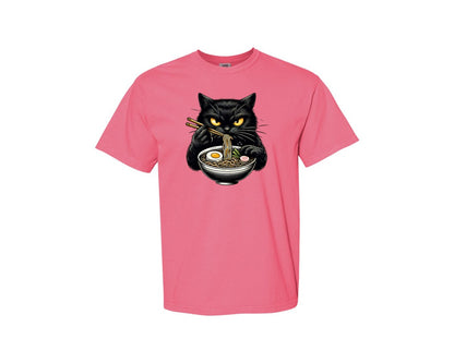 brand:Comfort Colors|color:Crunchberry|Cute Black Cat Eating Ramen Noodle 3 Graphic T-Shirt