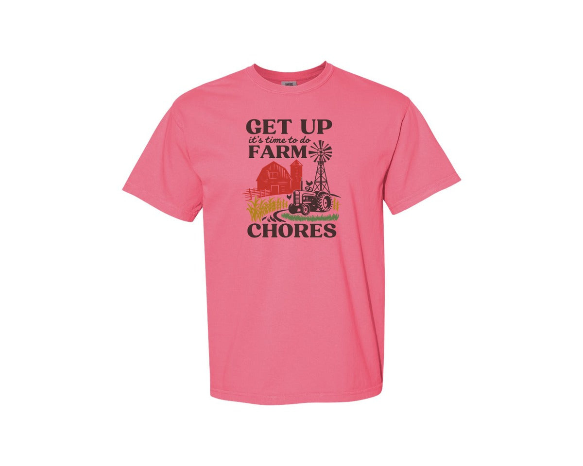 brand:Comfort Colors|color:Crunchberry|Get Up Its Time To Do Farm Chores 2 Graphic T-Shirt