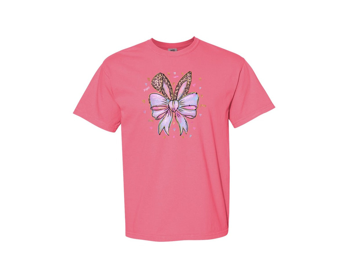 brand:Comfort Colors|color:Crunchberry|Leopard Bunny Ears Pink Blue Bow Graphic T-Shirt