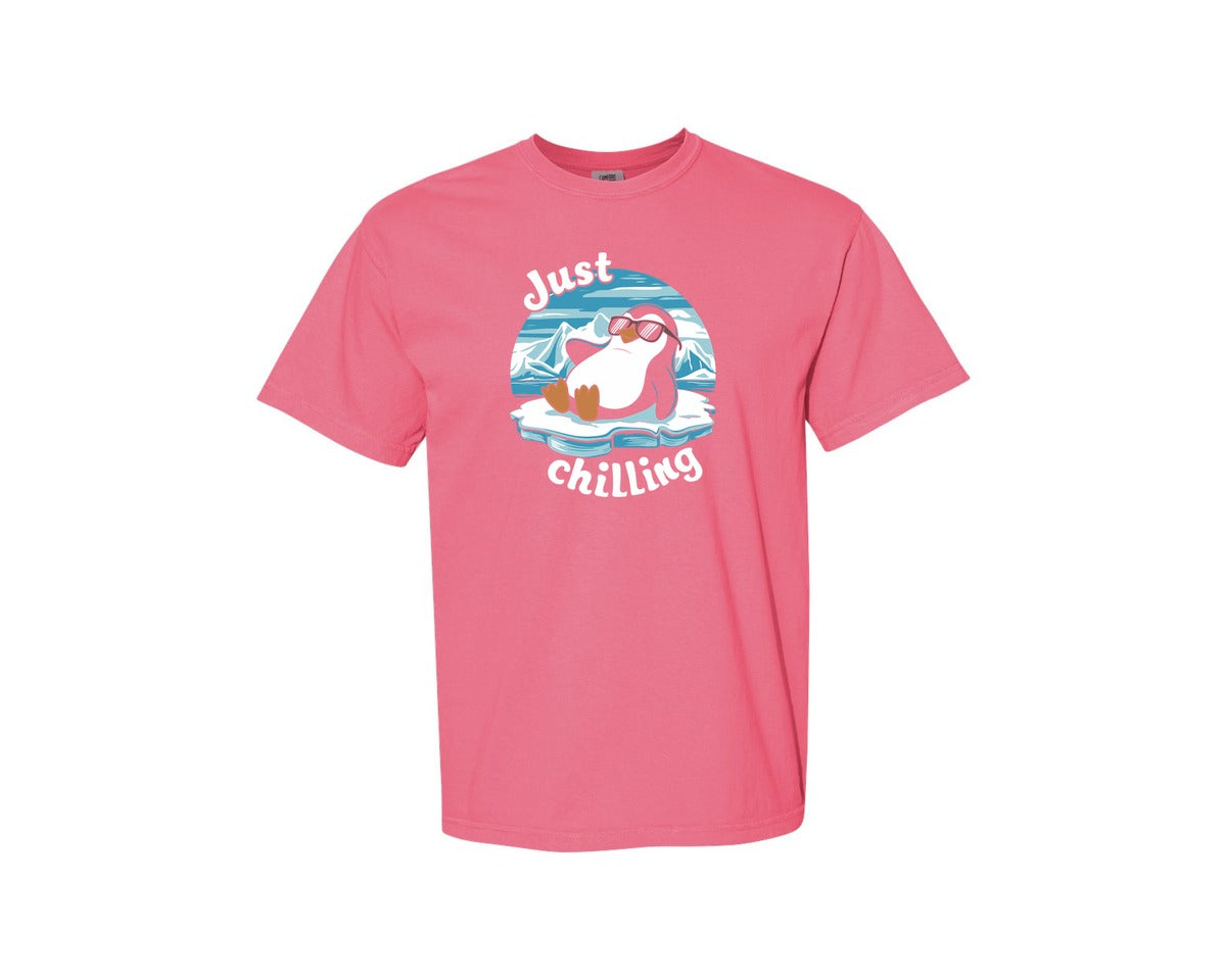 brand:Comfort Colors|color:Crunchberry|Just Chilling Penguin Pun Relaxed Vibes Graphic T-Shirt