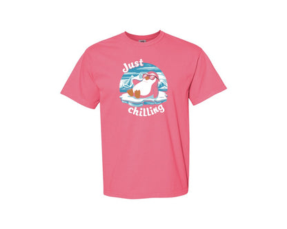 brand:Comfort Colors|color:Crunchberry|Just Chilling Penguin Pun Relaxed Vibes Graphic T-Shirt