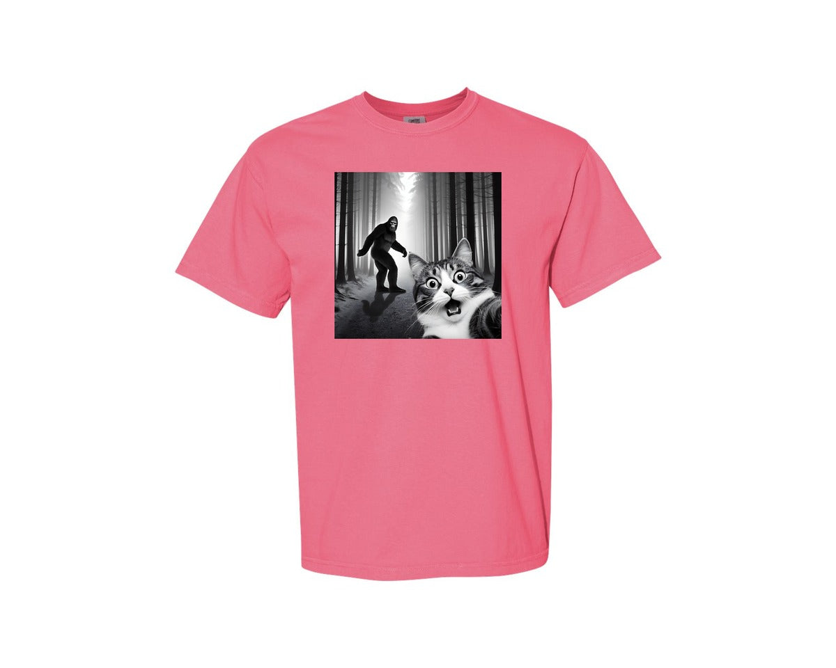 brand:Comfort Colors|color:Crunchberry|Cat Selfie With Sasquatch Graphic T-Shirt