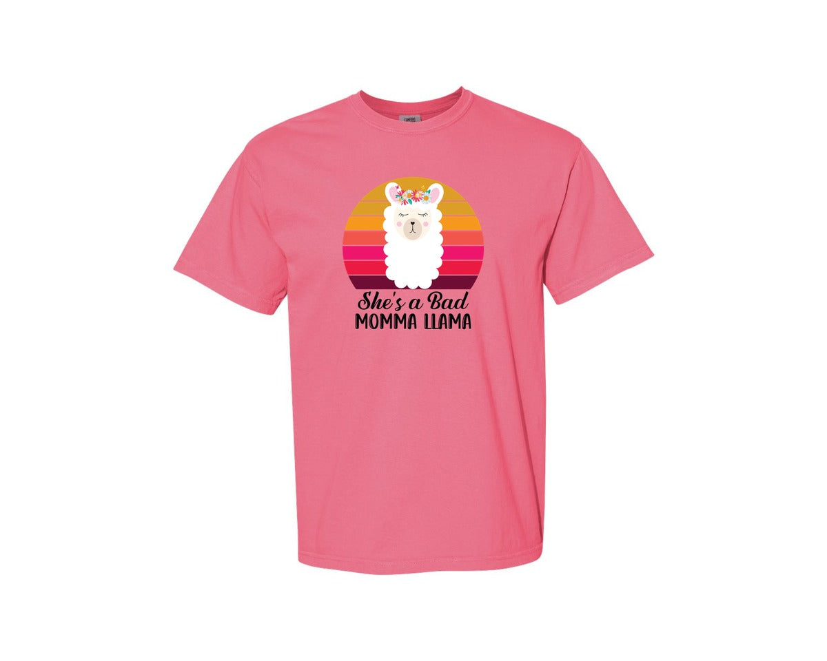 brand:Comfort Colors|color:Crunchberry|Shes A Bad Momma Llama Retro T Shirt Graphic T-Shirt