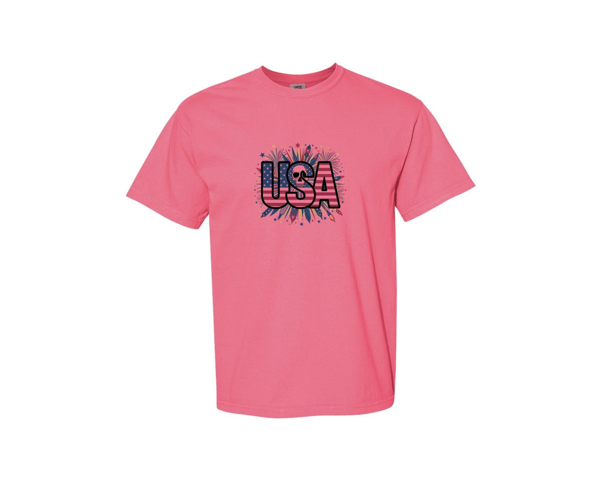 brand:Comfort Colors|color:Crunchberry|Usa Skull Fireworks 4Th Of July T Shirt 2 Graphic T-Shirt
