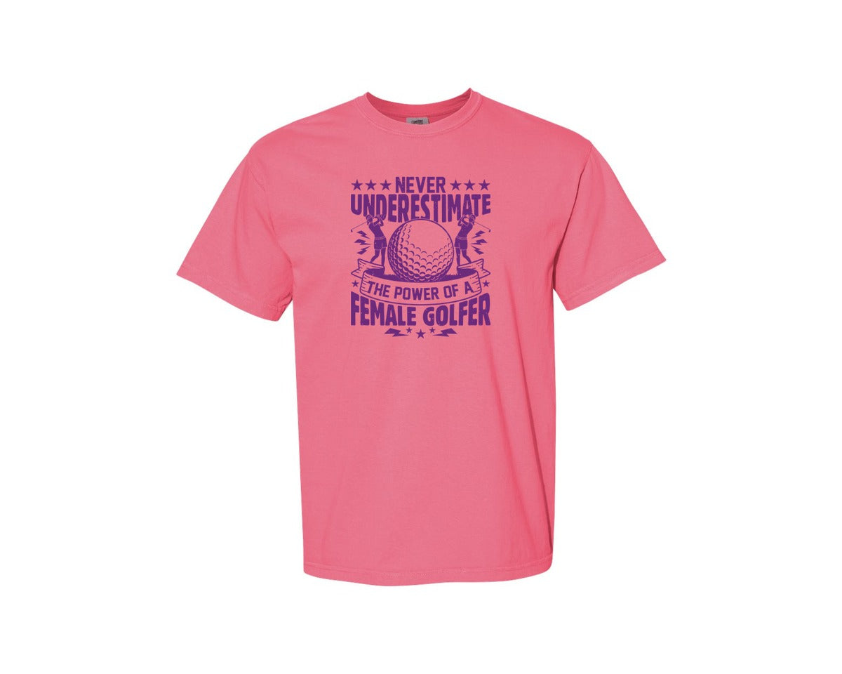 brand:Comfort Colors|color:Crunchberry|Female Golfer Golf Club T Shirt Design Graphic T-Shirt