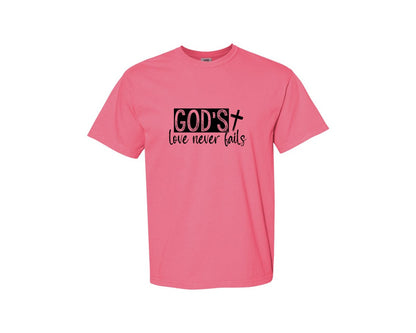 brand:Comfort Colors|color:Crunchberry|Gods Love Never Fails Sleeve Design 2 Graphic T-Shirt