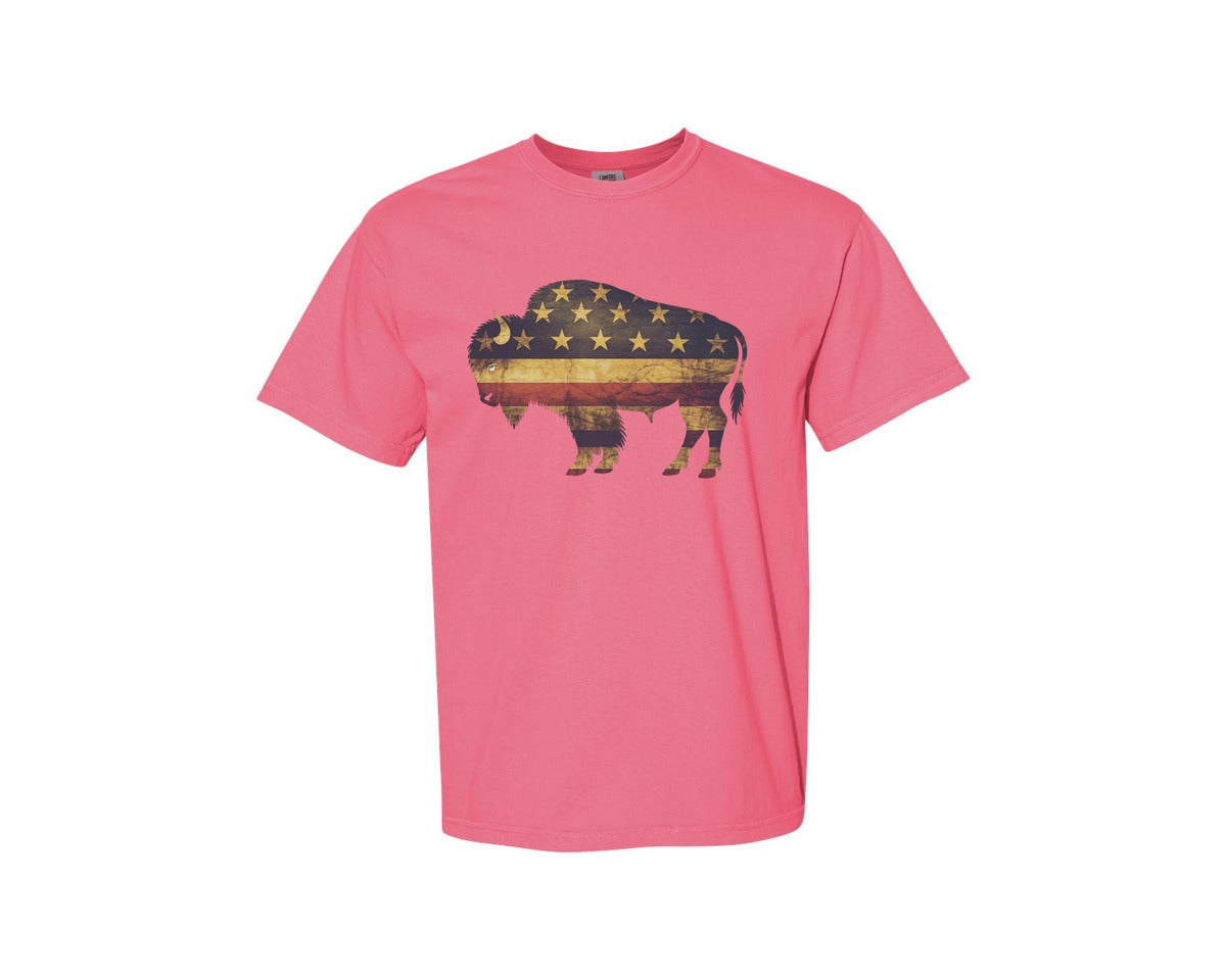 brand:Comfort Colors|color:Crunchberry|American Bison Patriotic Usa Flag 4 Graphic T-Shirt