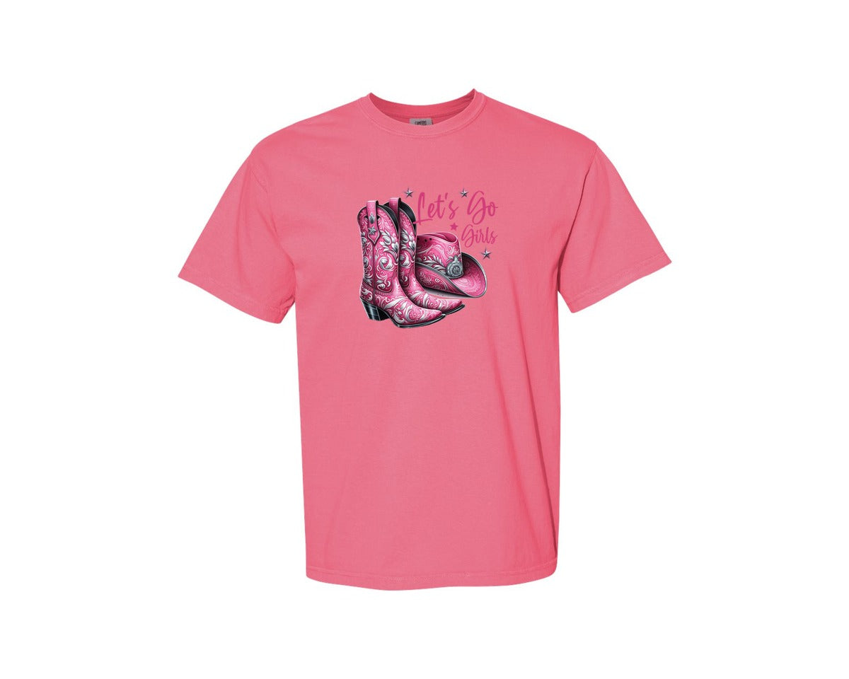 brand:Comfort Colors|color:Crunchberry|Lets Go Girls Cowgirl Boots 2 Graphic T-Shirt