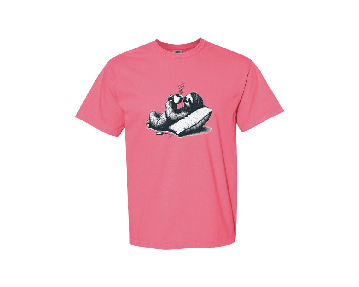brand:Comfort Colors|color:Crunchberry|Sloth Lying And Drink Coffee Shirt Graphic T-Shirt