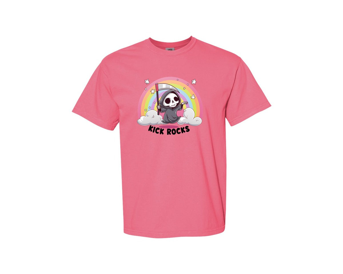 brand:Comfort Colors|color:Crunchberry|Kick Rocks Cute Grim Reaper Graphic T-Shirt