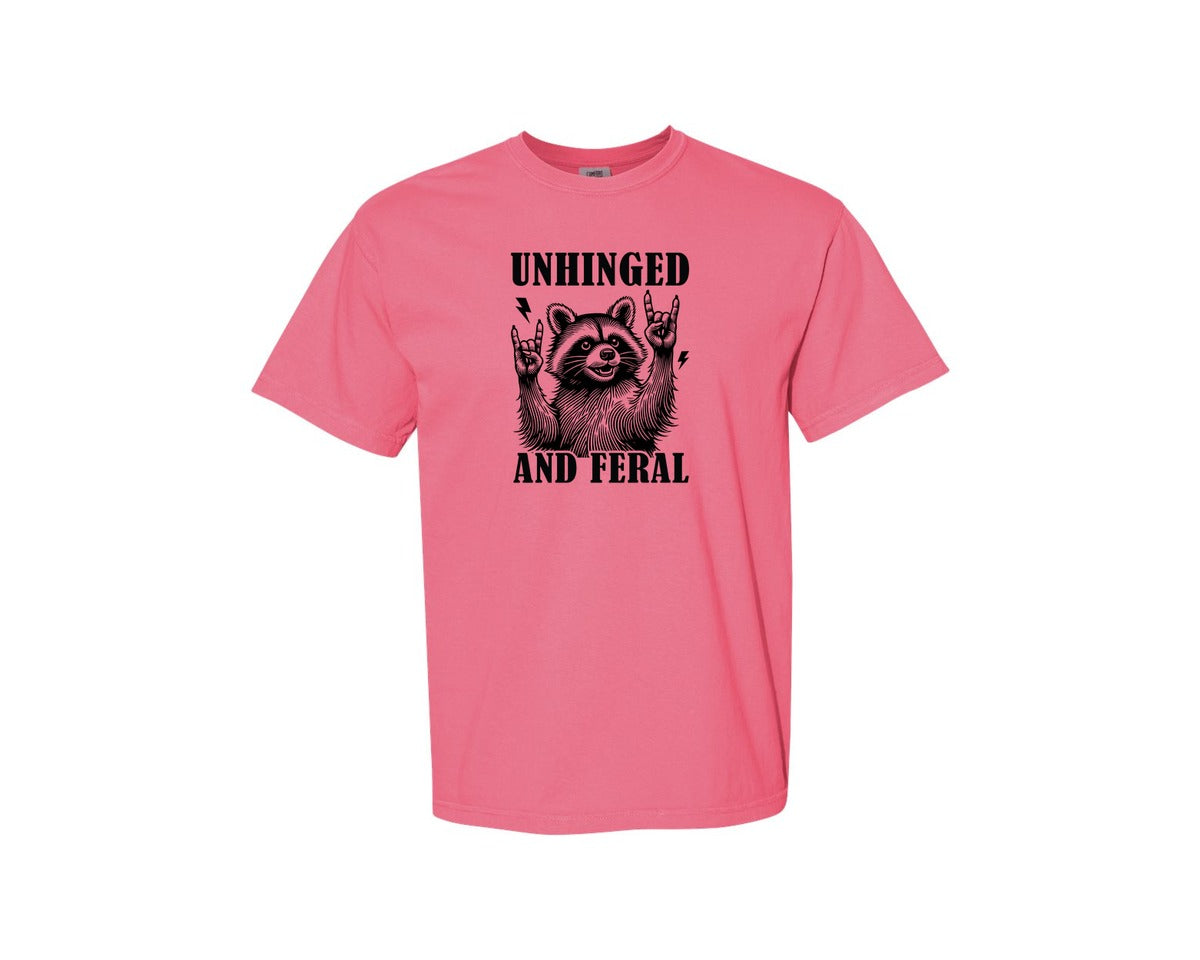 brand:Comfort Colors|color:Crunchberry|Unhinged And Feral Vintage Raccoon Meme Graphic T-Shirt