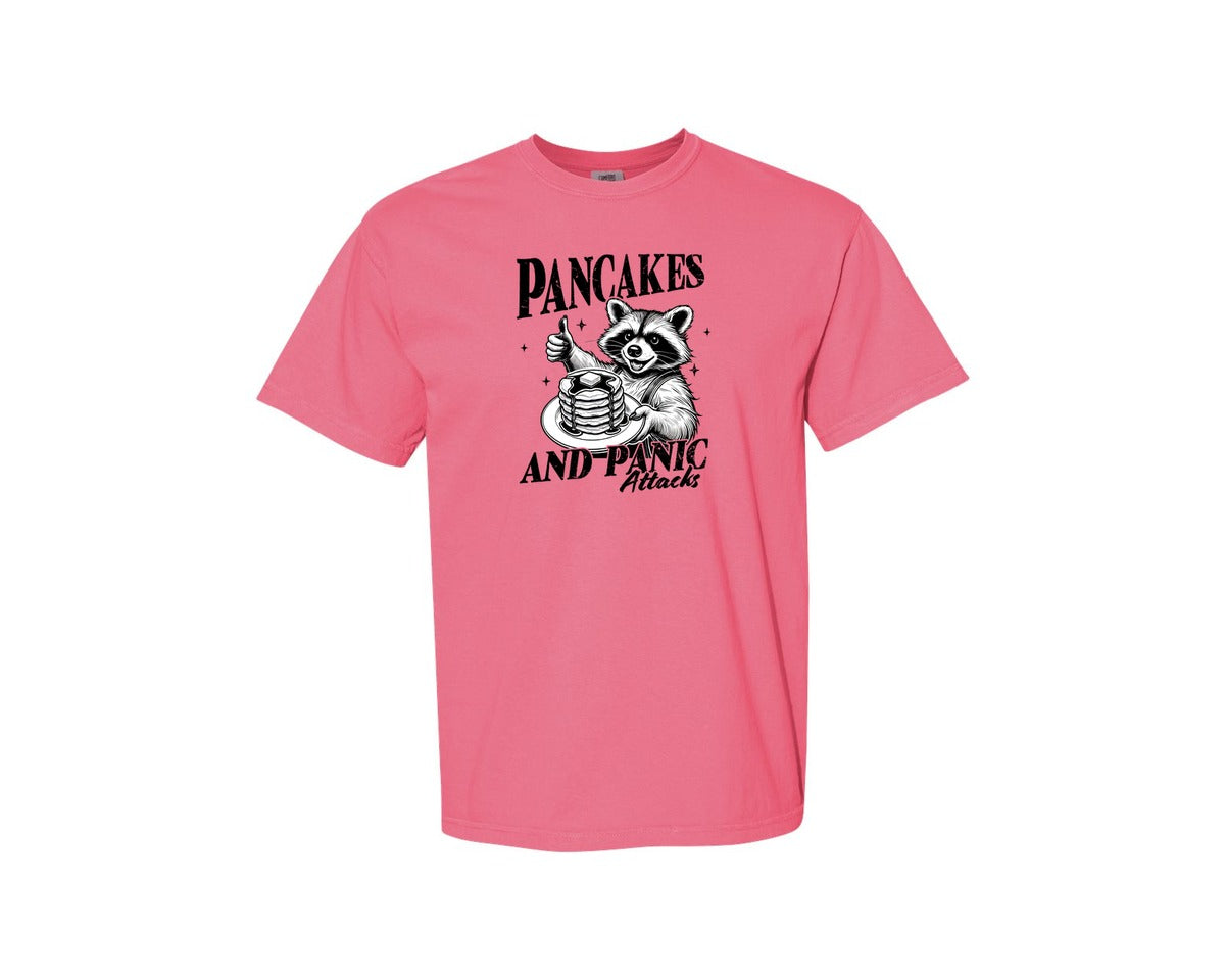 brand:Comfort Colors|color:Crunchberry|Mental Health Raccoon Pancakes And Panic Graphic T-Shirt