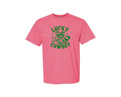 brand:Comfort Colors|color:Crunchberry|Lucky Cowboy Funny St Patricks Day Graphic T-Shirt