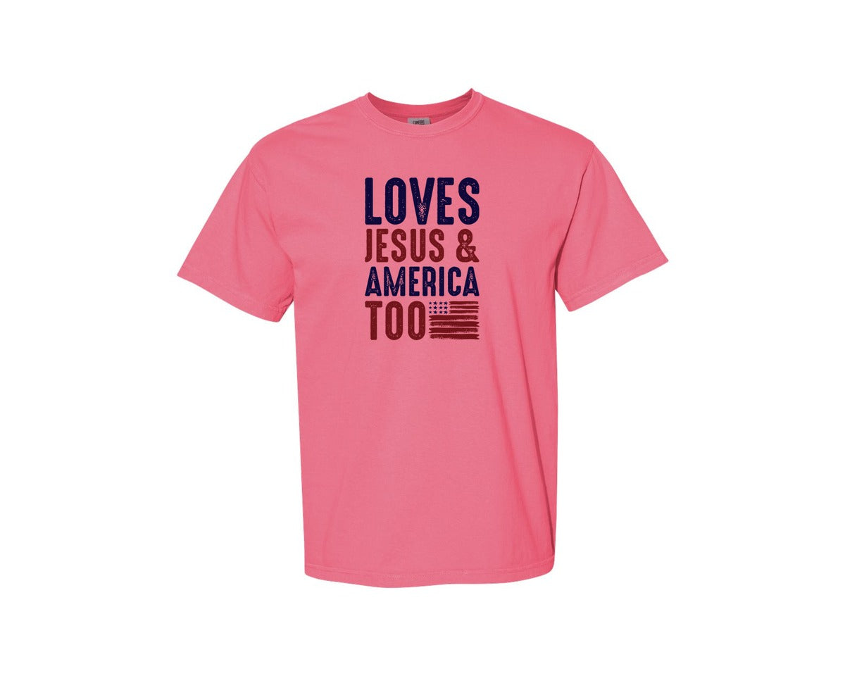 brand:Comfort Colors|color:Crunchberry|Loves Jesus And America Too Jesus Graphic T-Shirt