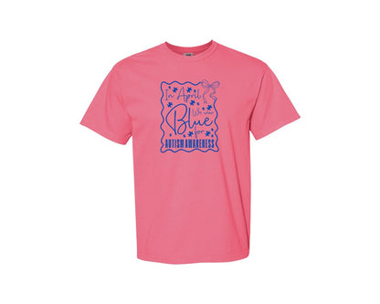 brand:Comfort Colors|color:Crunchberry|In April We Wear Blue Autism 2 Graphic T-Shirt