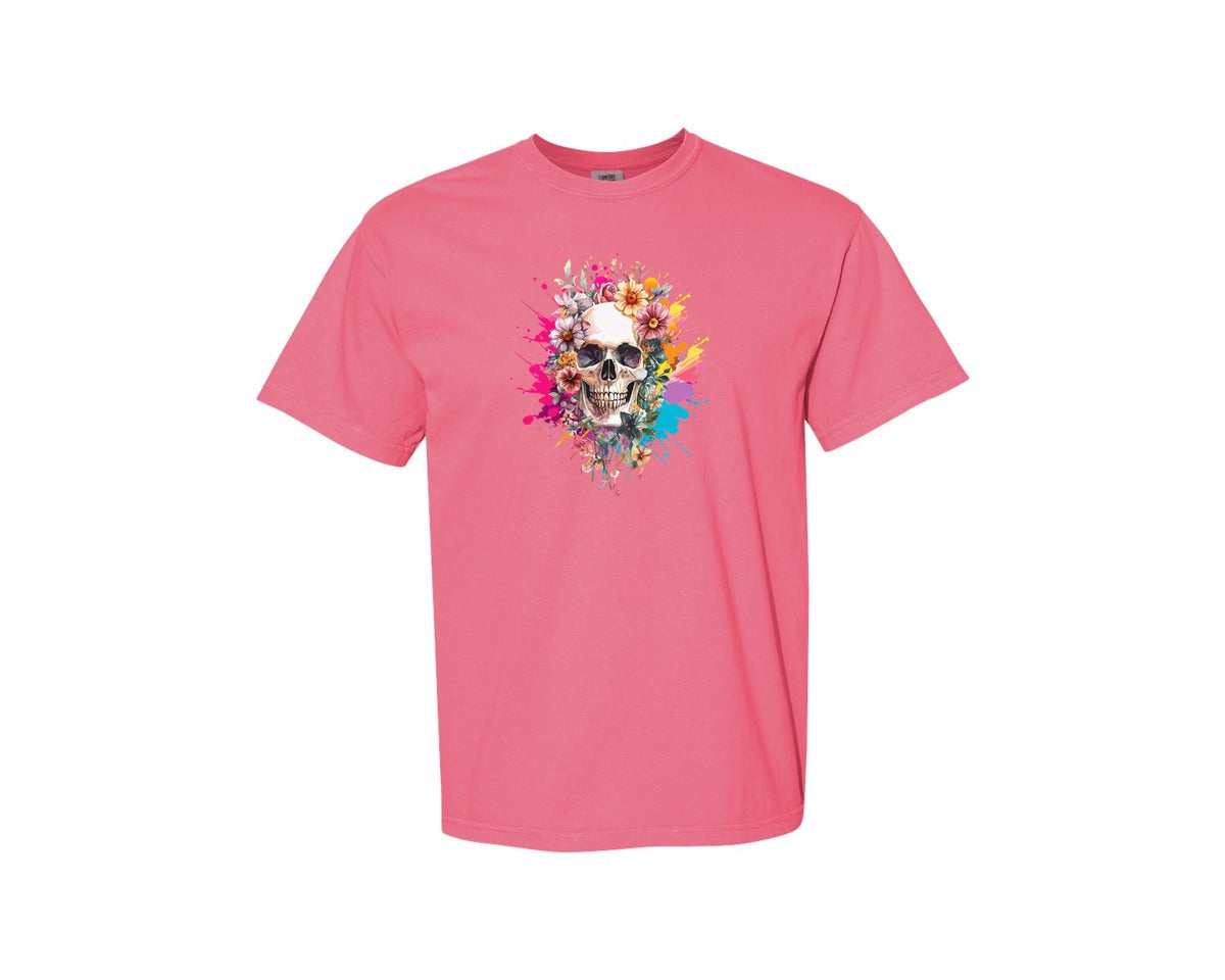 brand:Comfort Colors|color:Crunchberry|Floral Skull Watercolor Skull Shirt Graphic T-Shirt
