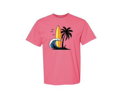 brand:Comfort Colors|color:Crunchberry|Surfboard With Ocean Wave And Palm Tree Graphic T-Shirt