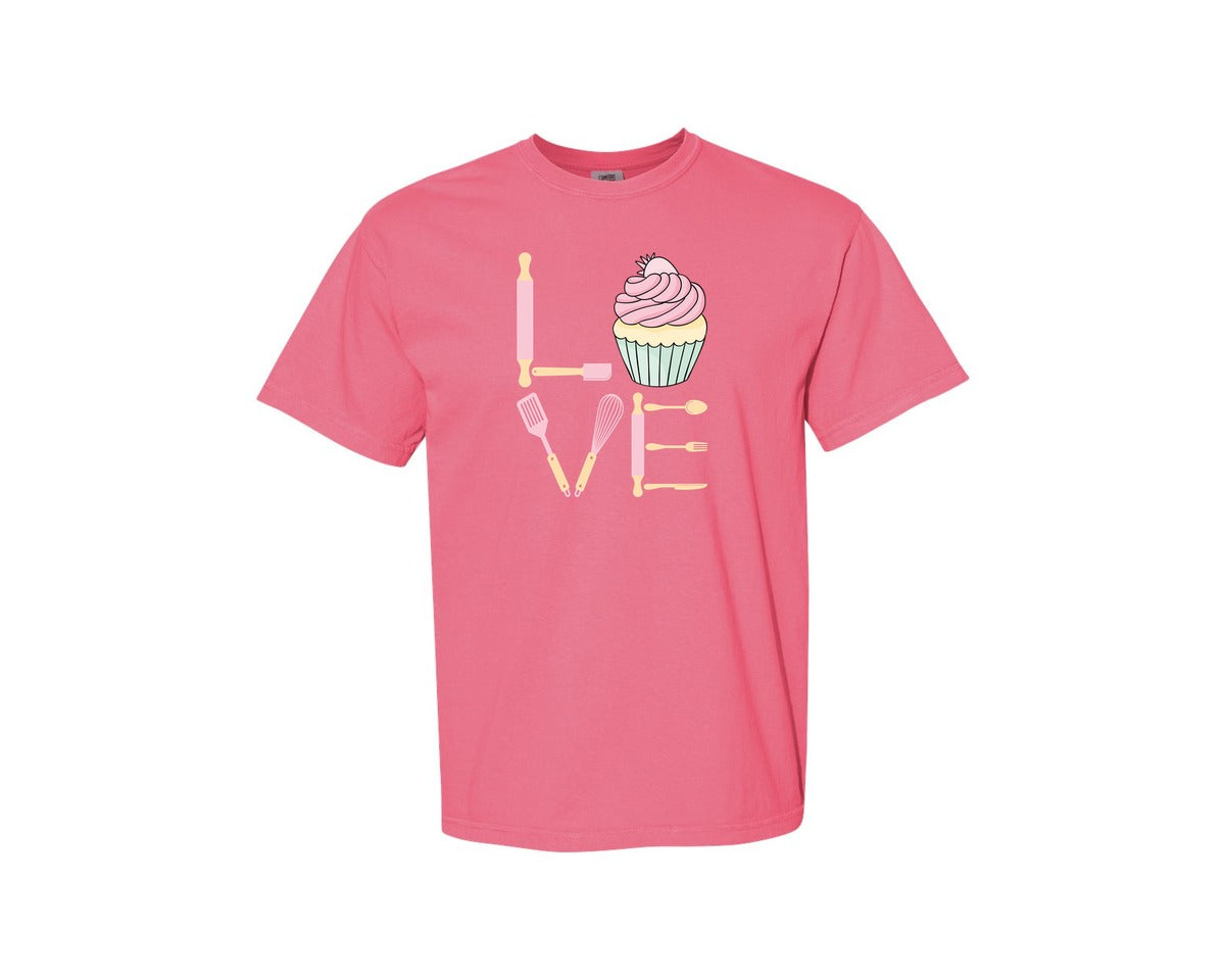 brand:Comfort Colors|color:Crunchberry|Baking Love Cupcake Whisk Spatula Graphic T-Shirt