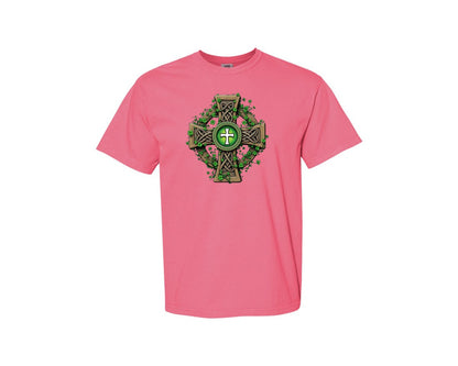 brand:Comfort Colors|color:Crunchberry|Celtic Cross With Shamrocks Irish Graphic T-Shirt