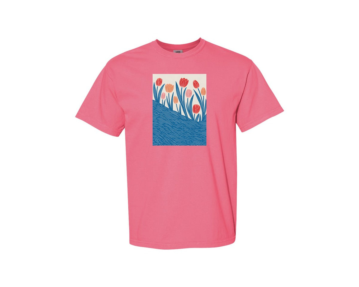 brand:Comfort Colors|color:Crunchberry|Retro Tulip Garden Graphic T-Shirt