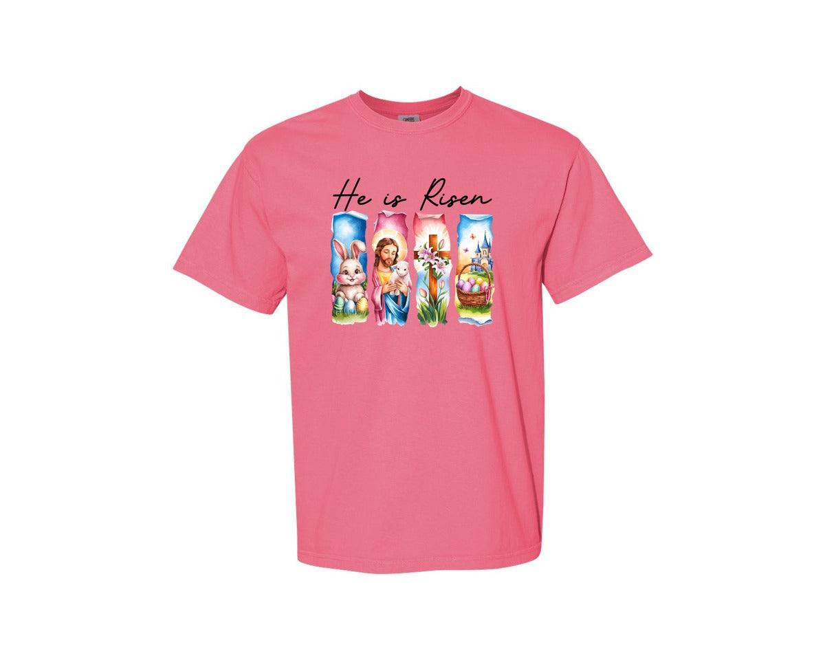 brand:Comfort Colors|color:Crunchberry|He Is Risen Easter Jesus Christian Graphic T-Shirt