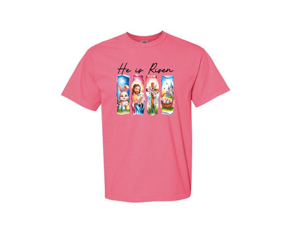 brand:Comfort Colors|color:Crunchberry|He Is Risen Easter Jesus Christian Graphic T-Shirt