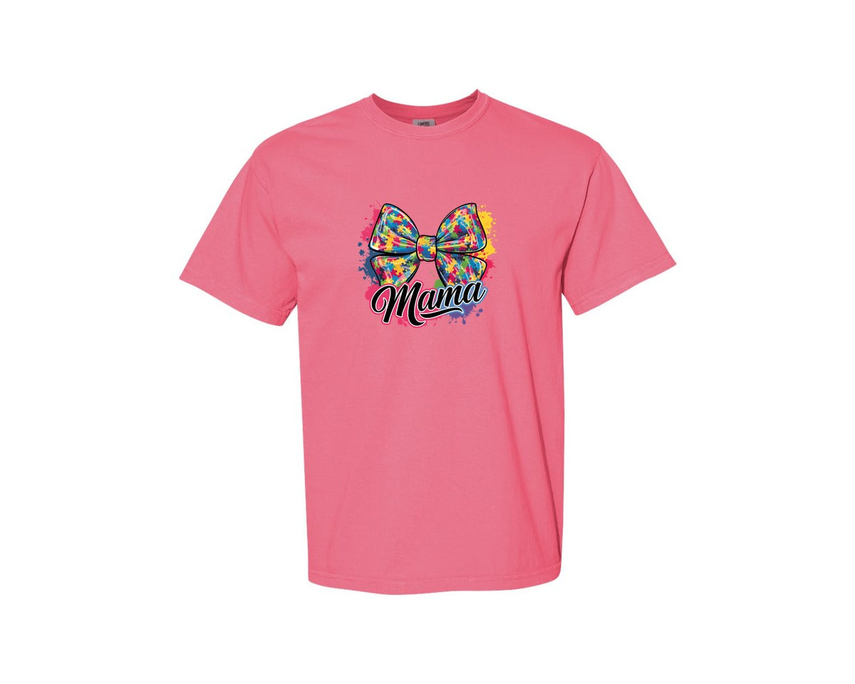 brand:Comfort Colors|color:Crunchberry|Autism Mama Colorful Puzzle Bow Art Graphic T-Shirt