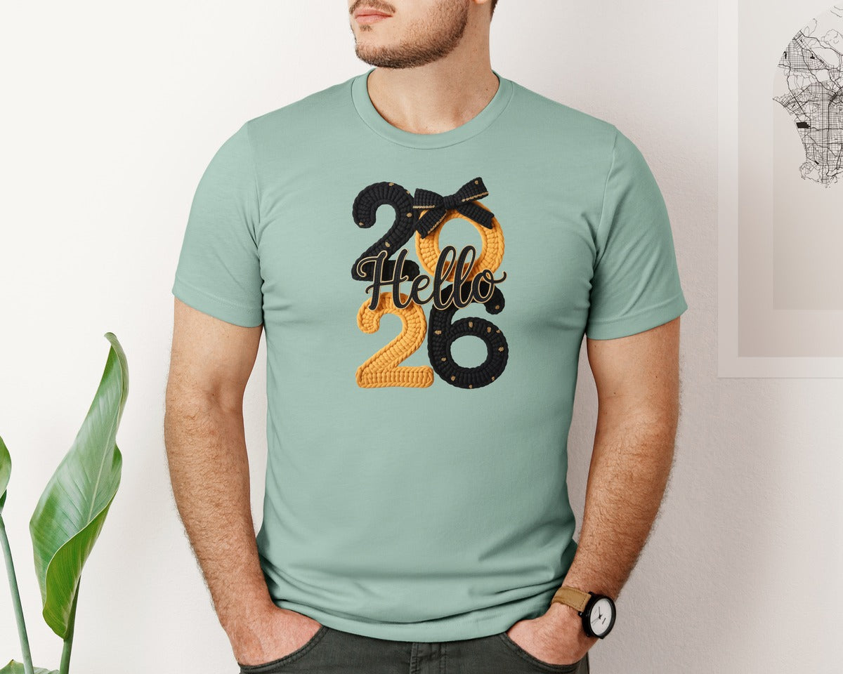 brand:Bella Canvas|color:Dusty Blue|Faux Yarn Hello 2026 Happy New Year Graphic T-Shirt