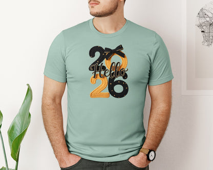 brand:Bella Canvas|color:Dusty Blue|Faux Yarn Hello 2026 Happy New Year Graphic T-Shirt