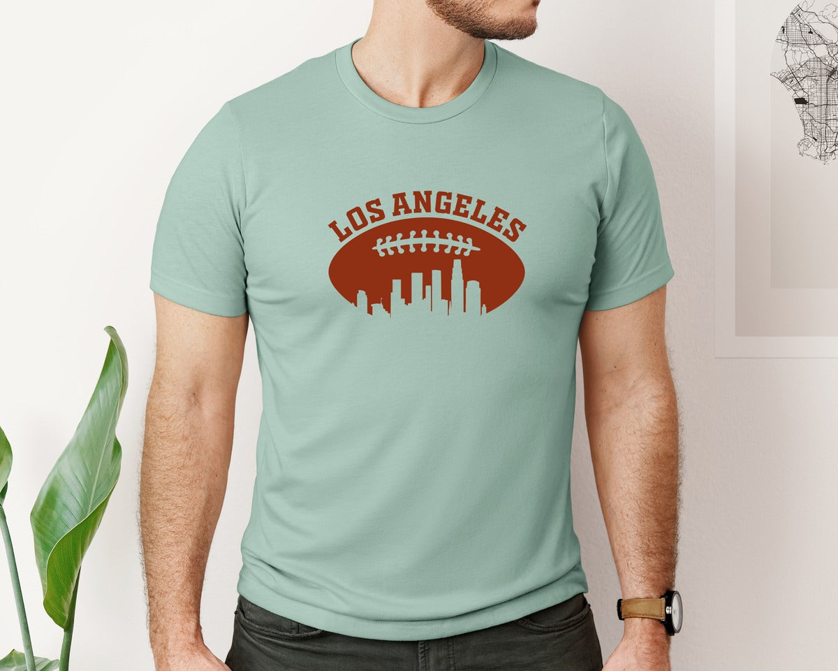 brand:Bella Canvas|color:Dusty Blue|American Football Los Angeles Skyline Graphic T-Shirt