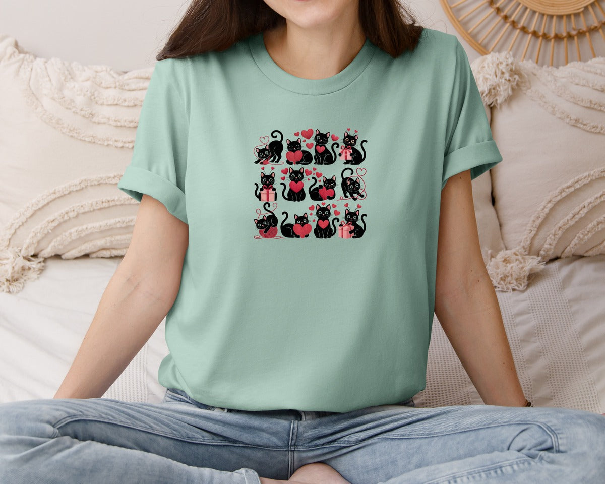 brand:Bella Canvas|color:Dusty Blue|Cute Cat Meow Valentines Day Graphic T-Shirt